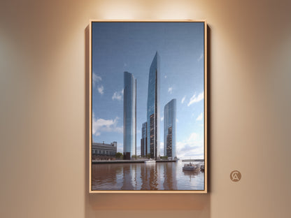Framed modern cityscape canvas art towers over a calm river. Reflected light adds steel blue and gray tones to the urban scene. This contemporary artwork provides sophistication and is perfect as office wall art or a thoughtful gift for urban explorers.