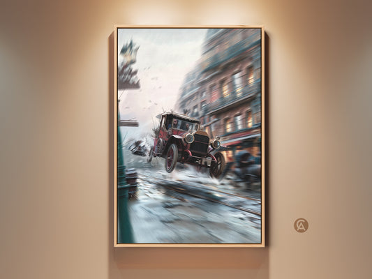 Experience the thrill with this vintage car art. The artwork captures a classic automobile speeding through a city street. It's a dynamic piece perfect for car enthusiasts. Add a touch of retro excitement to your space with this framed canvas art.
