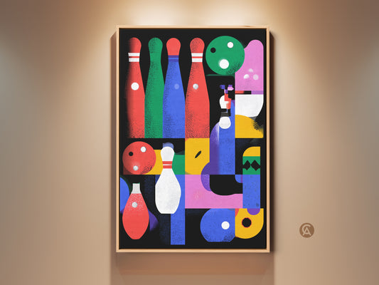 Framed abstract geometric art print featuring bowling elements. This mid-century modern wall decor showcases red blue and pink hues. Ideal sports canvas art for a game room or bowling enthusiast gift. It adds an eclectic touch to any home bar or residential space. A designer wall hanging that combines artistic flair with a playful theme.