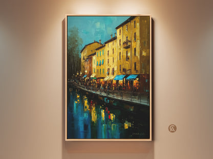 Italian Canal Art Print displayed in a light wood frame. This textured impressionistic artwork features yellow ochre and deep blue hues. It creates a captivating cityscape wall art. The waterfront painting enhances home decor with European charm.