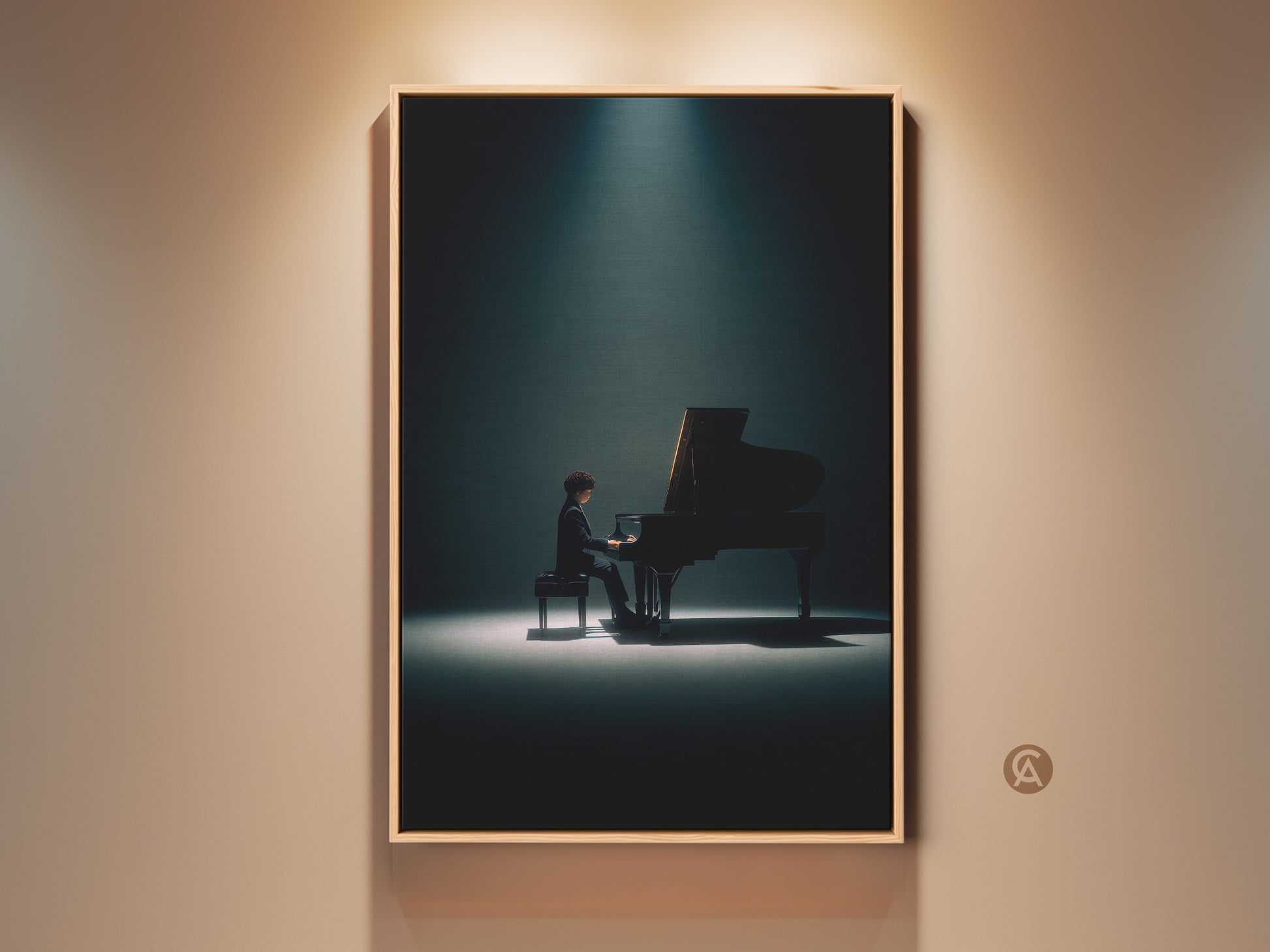 Framed art print of a pianist playing a grand piano under a spotlight. The artwork has a warm and inviting ambiance. Perfect wall art for music lovers. Elevate your space with this captivating framed art.