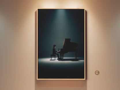 Framed art print of a pianist playing a grand piano under a spotlight. The artwork has a warm and inviting ambiance. Perfect wall art for music lovers. Elevate your space with this captivating framed art.