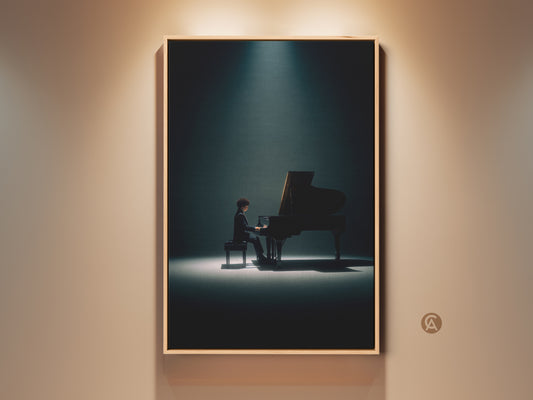 Framed art print of a pianist playing a grand piano under a spotlight. The artwork has a warm and inviting ambiance. Perfect wall art for music lovers. Elevate your space with this captivating framed art.