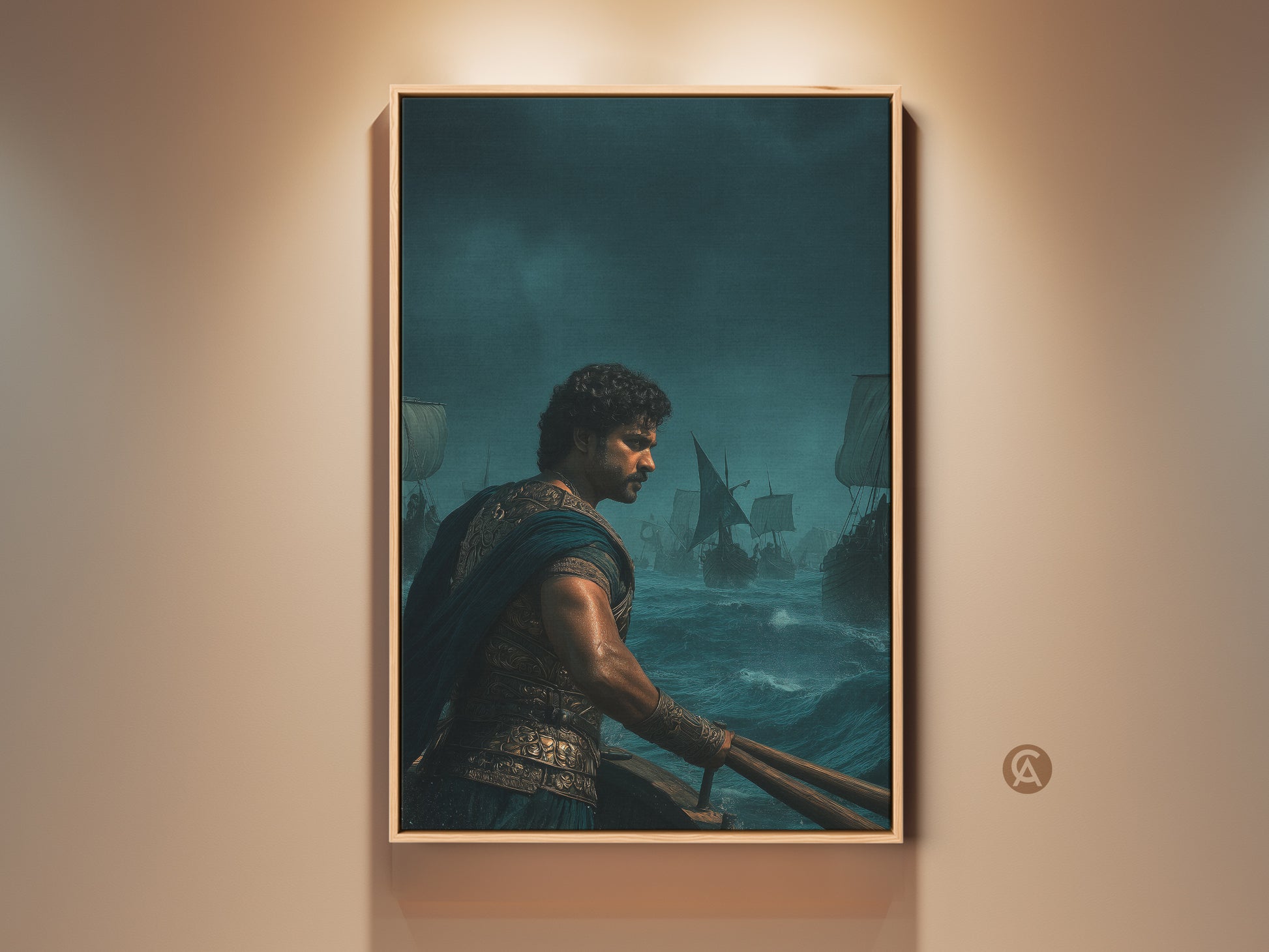 Historical maritime art featuring a warrior on a sailing ship. It is a navy gold teal canvas print perfect for a study or man cave. The artwork captures an epic adventure. It is traditional home decor art. This print is a classic sailing ship picture. The seafaring warrior painting brings naval battle art to life