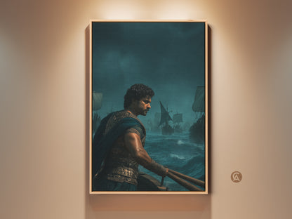 Historical maritime art featuring a warrior on a sailing ship. It is a navy gold teal canvas print perfect for a study or man cave. The artwork captures an epic adventure. It is traditional home decor art. This print is a classic sailing ship picture. The seafaring warrior painting brings naval battle art to life