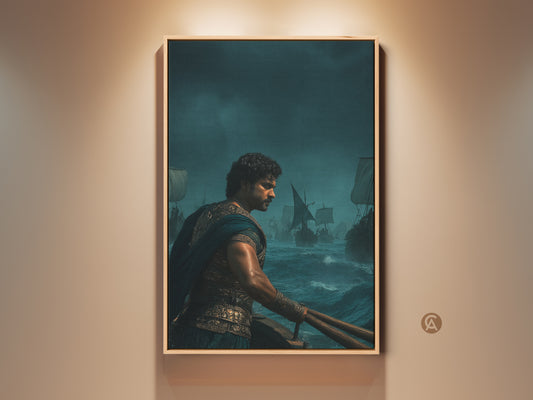 Historical maritime art featuring a warrior on a sailing ship. It is a navy gold teal canvas print perfect for a study or man cave. The artwork captures an epic adventure. It is traditional home decor art. This print is a classic sailing ship picture. The seafaring warrior painting brings naval battle art to life