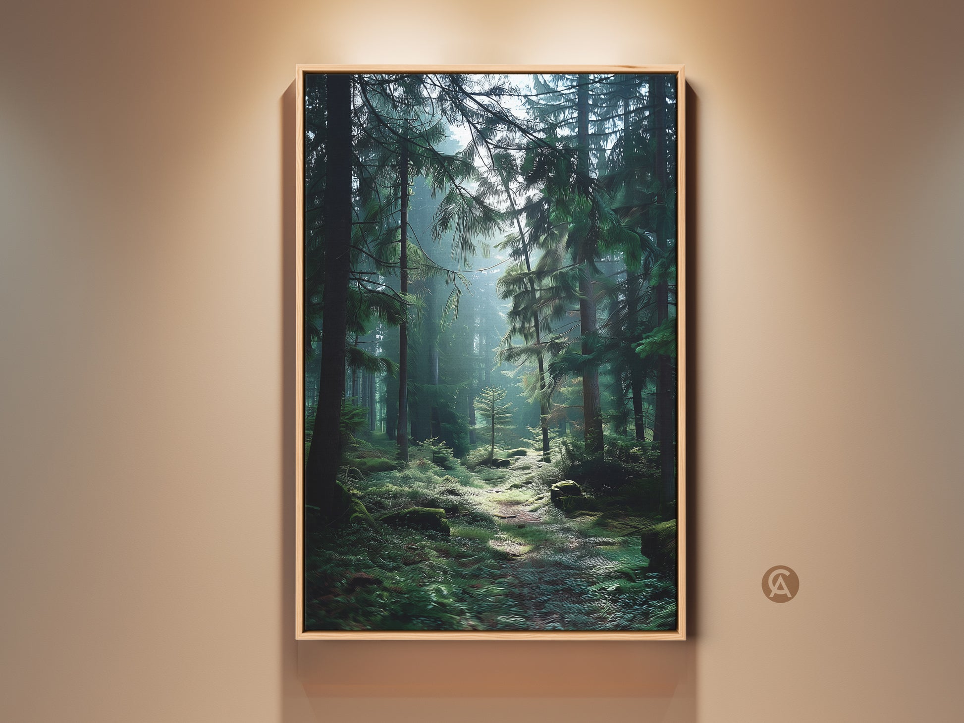 Rustic emerald green forest artwork hangs on a beige wall. Light shines through the trees. The canvas creates a serene atmosphere. Perfect as nature artwork for bedroom decor or a housewarming gift for a nature lover.