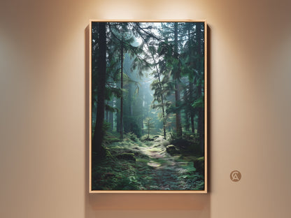 Rustic emerald green forest artwork hangs on a beige wall. Light shines through the trees. The canvas creates a serene atmosphere. Perfect as nature artwork for bedroom decor or a housewarming gift for a nature lover.