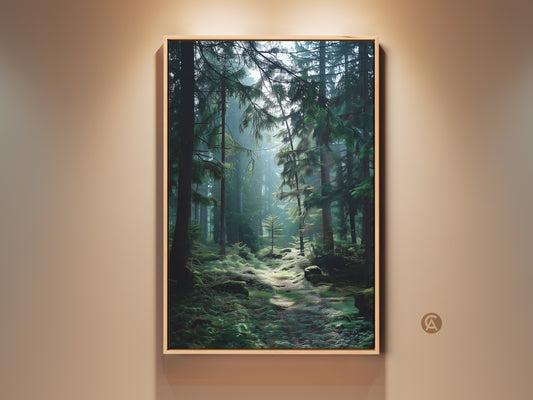 Rustic emerald green forest artwork hangs on a beige wall. Light shines through the trees. The canvas creates a serene atmosphere. Perfect as nature artwork for bedroom decor or a housewarming gift for a nature lover.