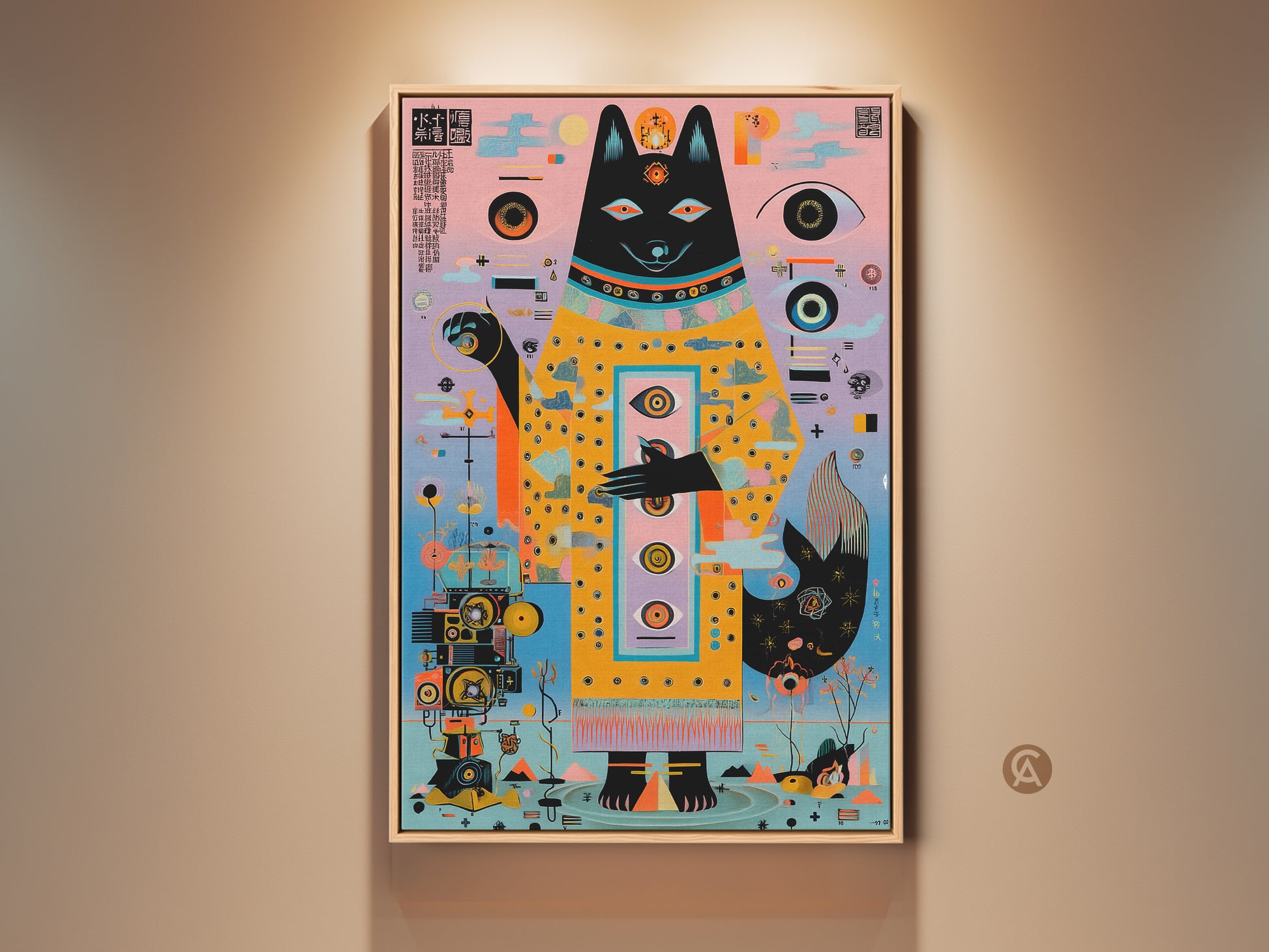 Vibrant Teal Pink Yellow Abstract Dog artwork. This surreal geometric canvas adds an eclectic touch to any office. A unique art collector gift. The striking wall decor has a pop art animal painting vibe.