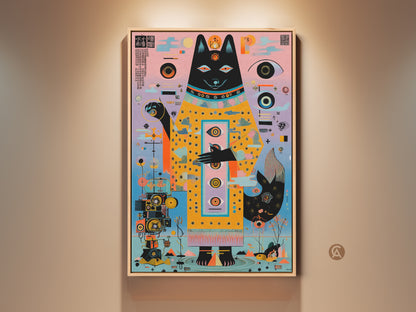 Vibrant Teal Pink Yellow Abstract Dog artwork. This surreal geometric canvas adds an eclectic touch to any office. A unique art collector gift. The striking wall decor has a pop art animal painting vibe.