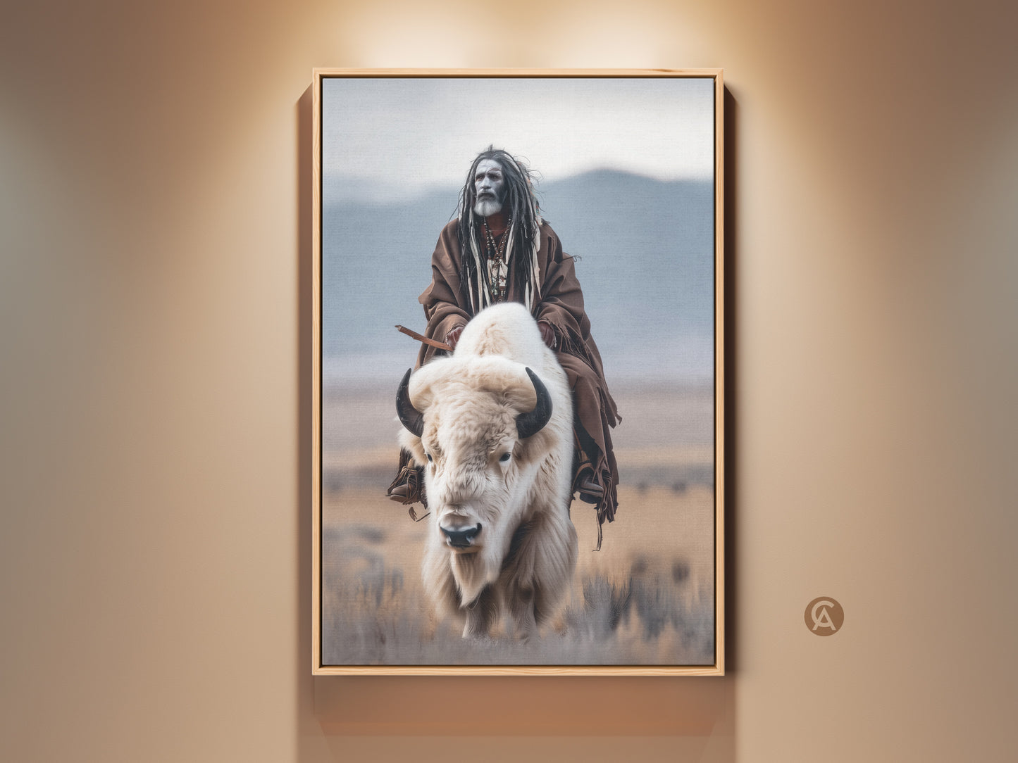Experience the spirit of the wild west with this captivating artwork. A Native American figure rides a majestic white buffalo. The art is set against a backdrop of mountains. This canvas art print brings cultural richness to any space.