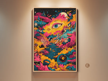 Colorful psychedelic art print in a floating frame. This artwork features a surreal landscape with vibrant hues and intricate details. The eye-catching composition makes it a unique statement piece. It is perfect for adding a touch of modern creativity to any home decor.