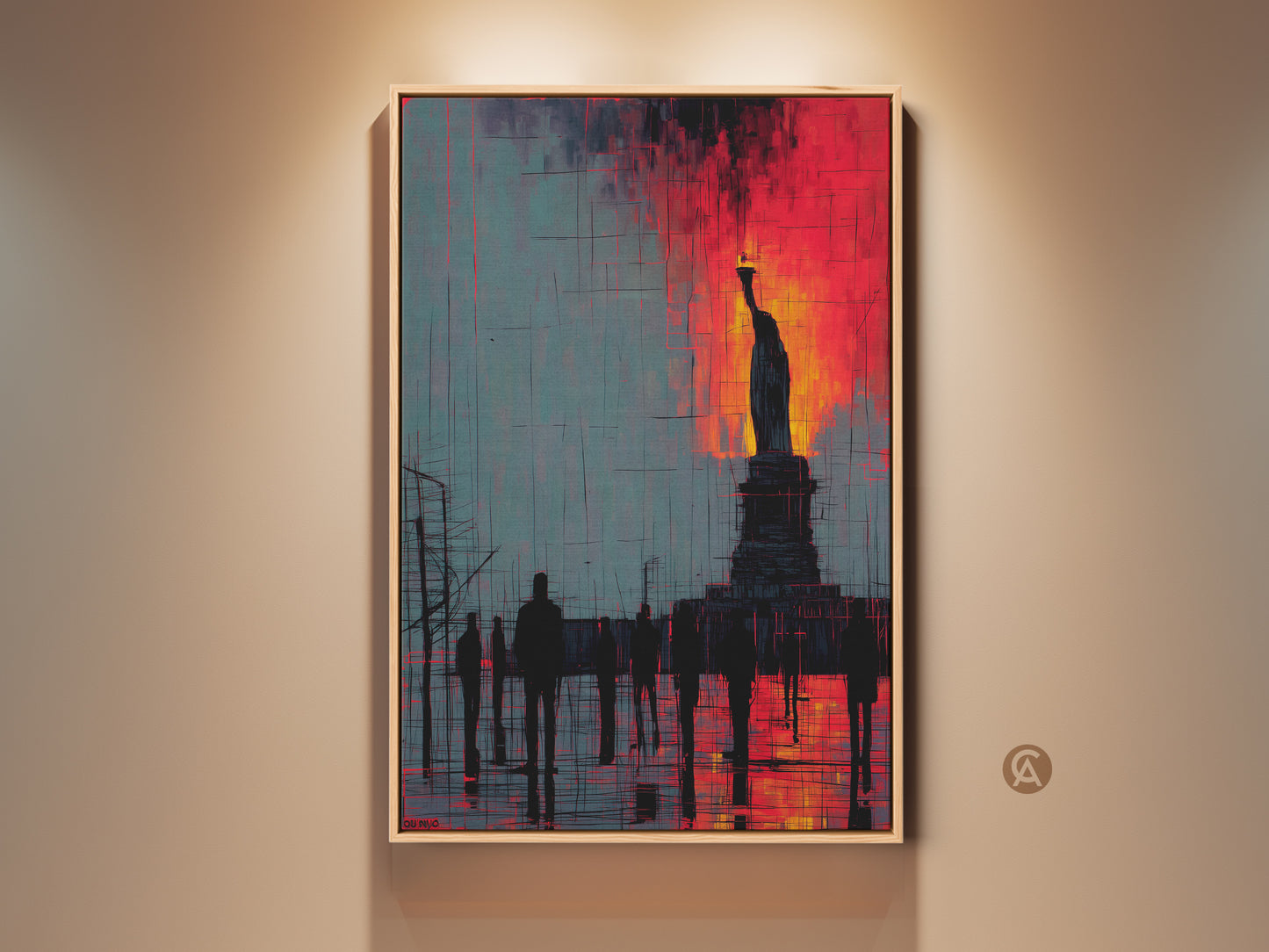 Contemporary Statue of Liberty canvas art. This abstract cityscape print is a bold statement piece. Crimson and teal hues create a modern NYC landmark artwork suitable for any entry hall wall decor.
