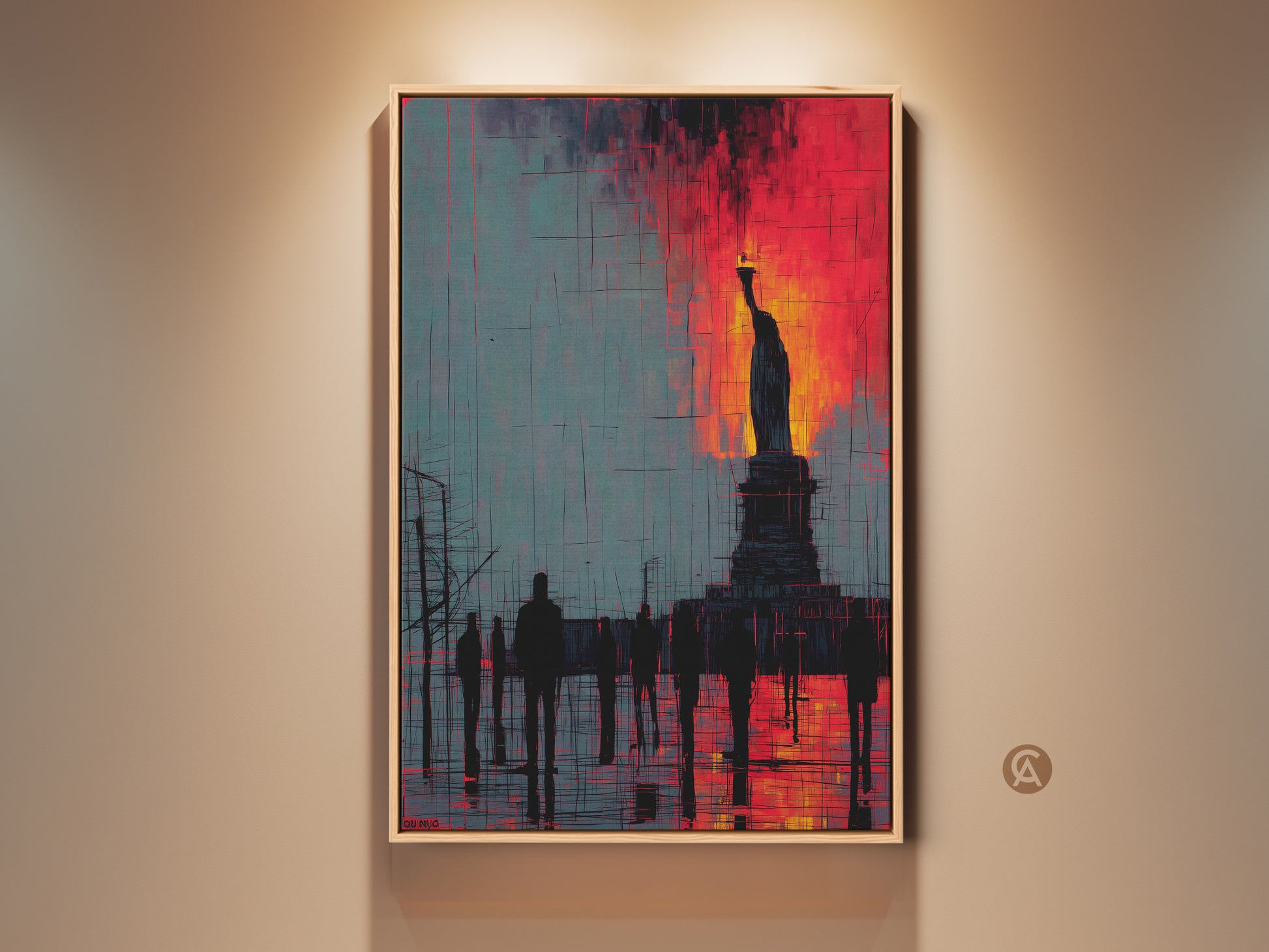 Contemporary Statue of Liberty canvas art. This abstract cityscape print is a bold statement piece. Crimson and teal hues create a modern NYC landmark artwork suitable for any entry hall wall decor.