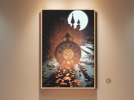 Elevate your decor with this steampunk pocket watch art. The vintage moon canvas print features a gold brown fantasy backdrop. It adds an eclectic touch to a study room. This history buff gift captures retro timepiece artwork beautifully.