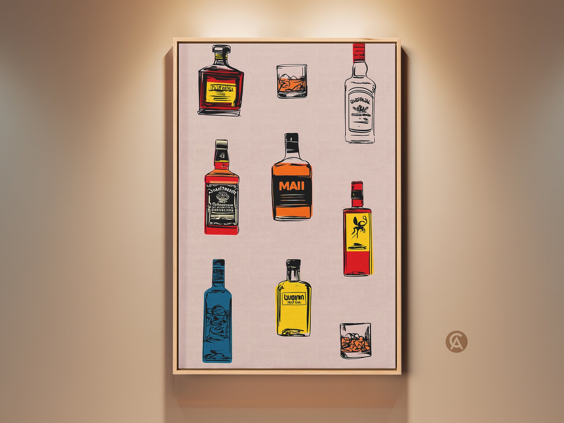 Elevate your home bar with this retro drink art print. It features whiskey and cocktail bottles in yellow orange and red tones. This eclectic bar artwork is perfect for a man cave or home bar gift.