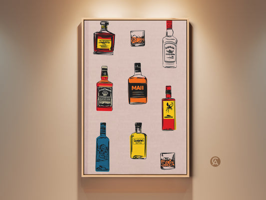 Elevate your home bar with this retro drink art print. It features whiskey and cocktail bottles in yellow orange and red tones. This eclectic bar artwork is perfect for a man cave or home bar gift.
