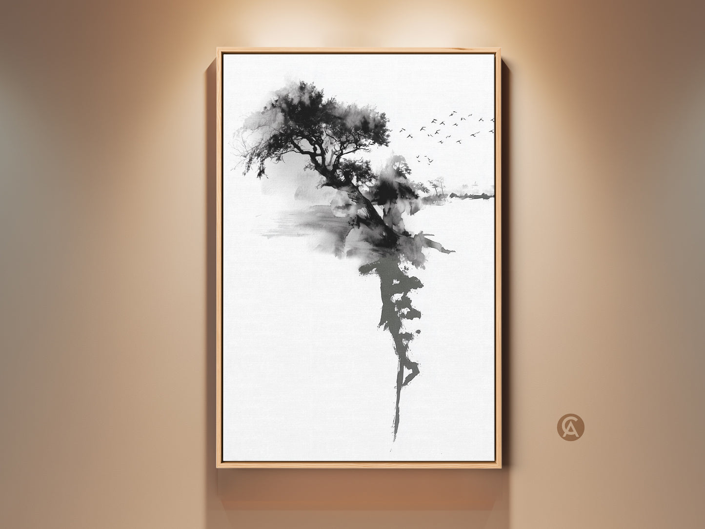 Framed Ink Wash Tree art print displayed. Minimalist black and white artwork adds refined artistry. Sumi-e birds create a peaceful scene. Perfect wall decor for modern homes or offices. High-quality canvas showcases the fine art landscape.