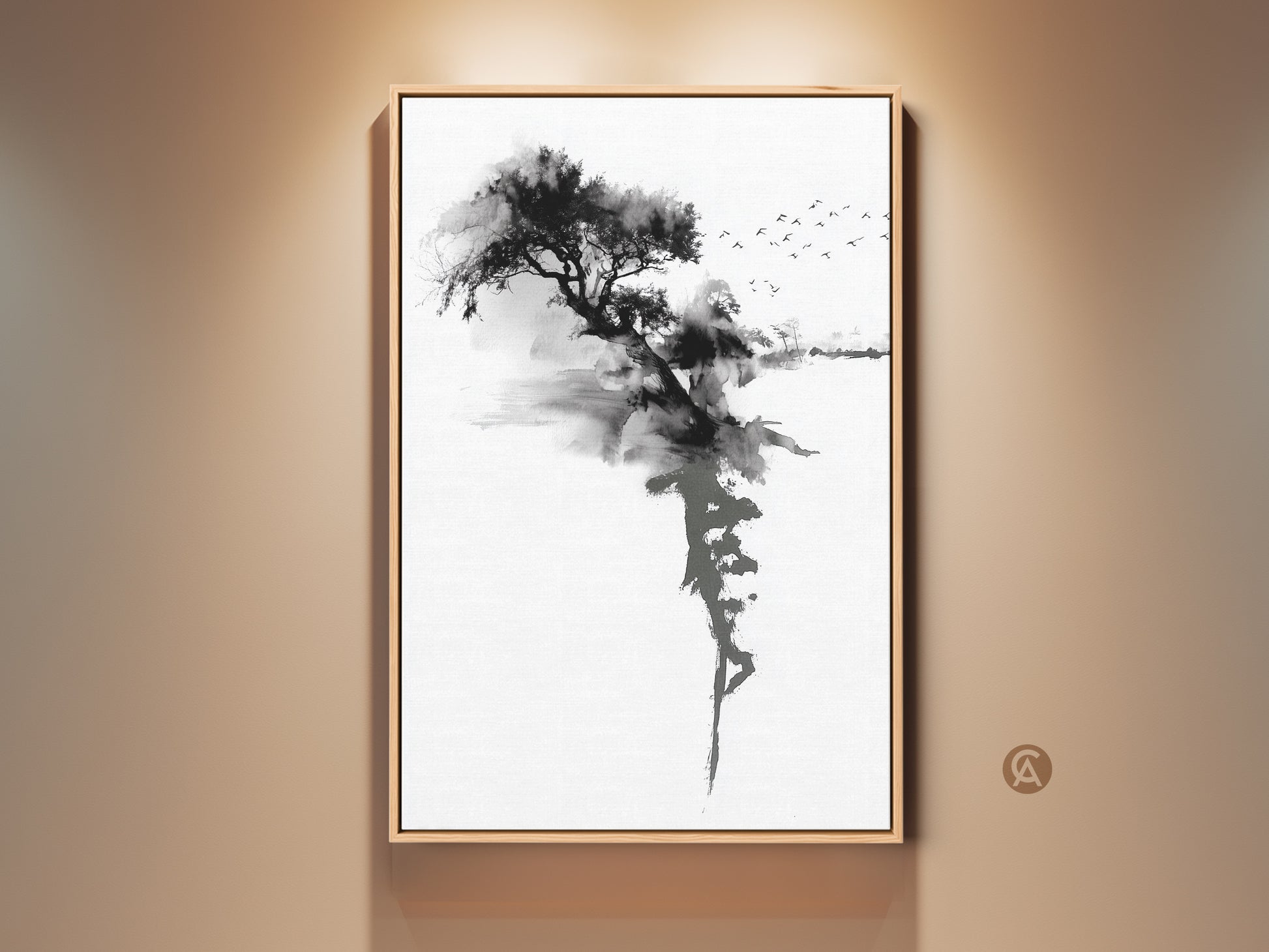 Framed Ink Wash Tree art print displayed. Minimalist black and white artwork adds refined artistry. Sumi-e birds create a peaceful scene. Perfect wall decor for modern homes or offices. High-quality canvas showcases the fine art landscape.