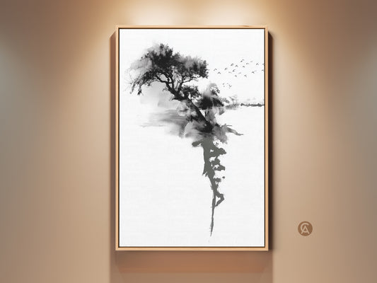 Framed Ink Wash Tree art print displayed. Minimalist black and white artwork adds refined artistry. Sumi-e birds create a peaceful scene. Perfect wall decor for modern homes or offices. High-quality canvas showcases the fine art landscape.