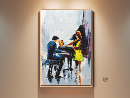 Impressionist piano art featuring a violinist canvas print. This blue green music art captures contemporary figures in a painting. It's a great gift for music lovers to hang in a study or office for modern musical artwork. The performance art canvas showcases abstract musical painting.