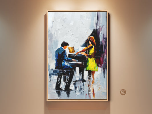 Impressionist piano art featuring a violinist canvas print. This blue green music art captures contemporary figures in a painting. It's a great gift for music lovers to hang in a study or office for modern musical artwork. The performance art canvas showcases abstract musical painting.