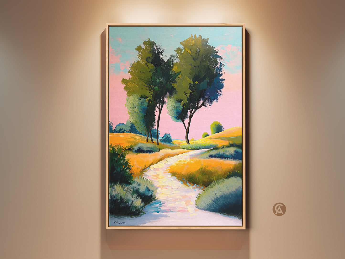 Framed yellow green rolling hills canvas print. Impressionistic landscape artwork features a path and trees. This nature scene wall decor enhances eclectic home decor adding a vibrant artistic touch. Consider it as a housewarming gift for nature lovers.