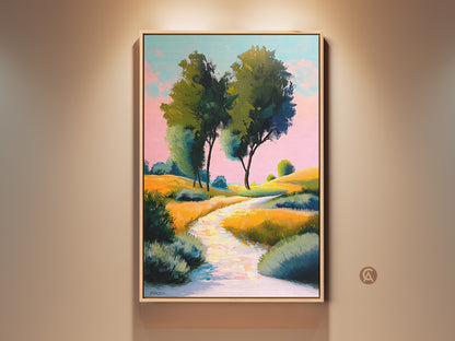 Framed yellow green rolling hills canvas print. Impressionistic landscape artwork features a path and trees. This nature scene wall decor enhances eclectic home decor adding a vibrant artistic touch. Consider it as a housewarming gift for nature lovers.