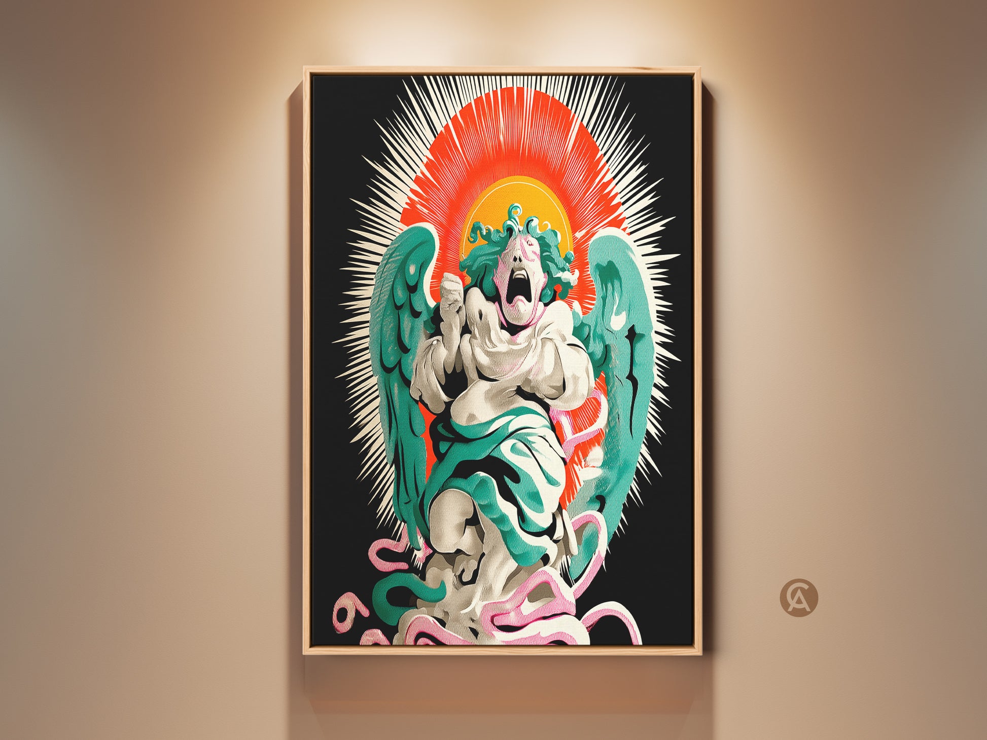 Striking screaming angel canvas art print. Pop surrealist wall art features red orange teal hues. Gothic eclectic decor for study or office. Add an unconventional touch to your home with this vibrant artwork. Mythology angel painting on high-quality canvas.