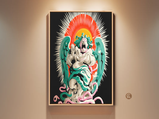Striking screaming angel canvas art print. Pop surrealist wall art features red orange teal hues. Gothic eclectic decor for study or office. Add an unconventional touch to your home with this vibrant artwork. Mythology angel painting on high-quality canvas.