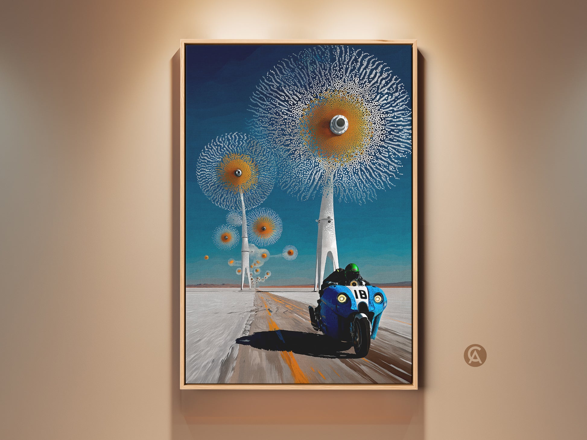 This surreal motorcycle canvas print showcases a futuristic blue motorcycle under abstract dandelion art. Teal and orange artwork gives a contemporary touch. Perfect office decor abstract or a unique F1 fan gift idea adding modern surrealism art to any space.