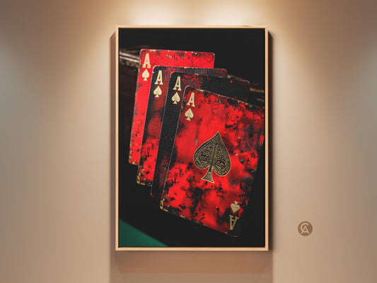 Vintage Ace of Spades canvas art. This gambling-themed wall decor features a crimson red and gold playing card print. Ideal for a man cave bar or poker room. The high-quality canvas captures the thrill of the game. A sophisticated addition to any space dedicated to cards. Makes an excellent gift for poker enthusiasts and collectors.