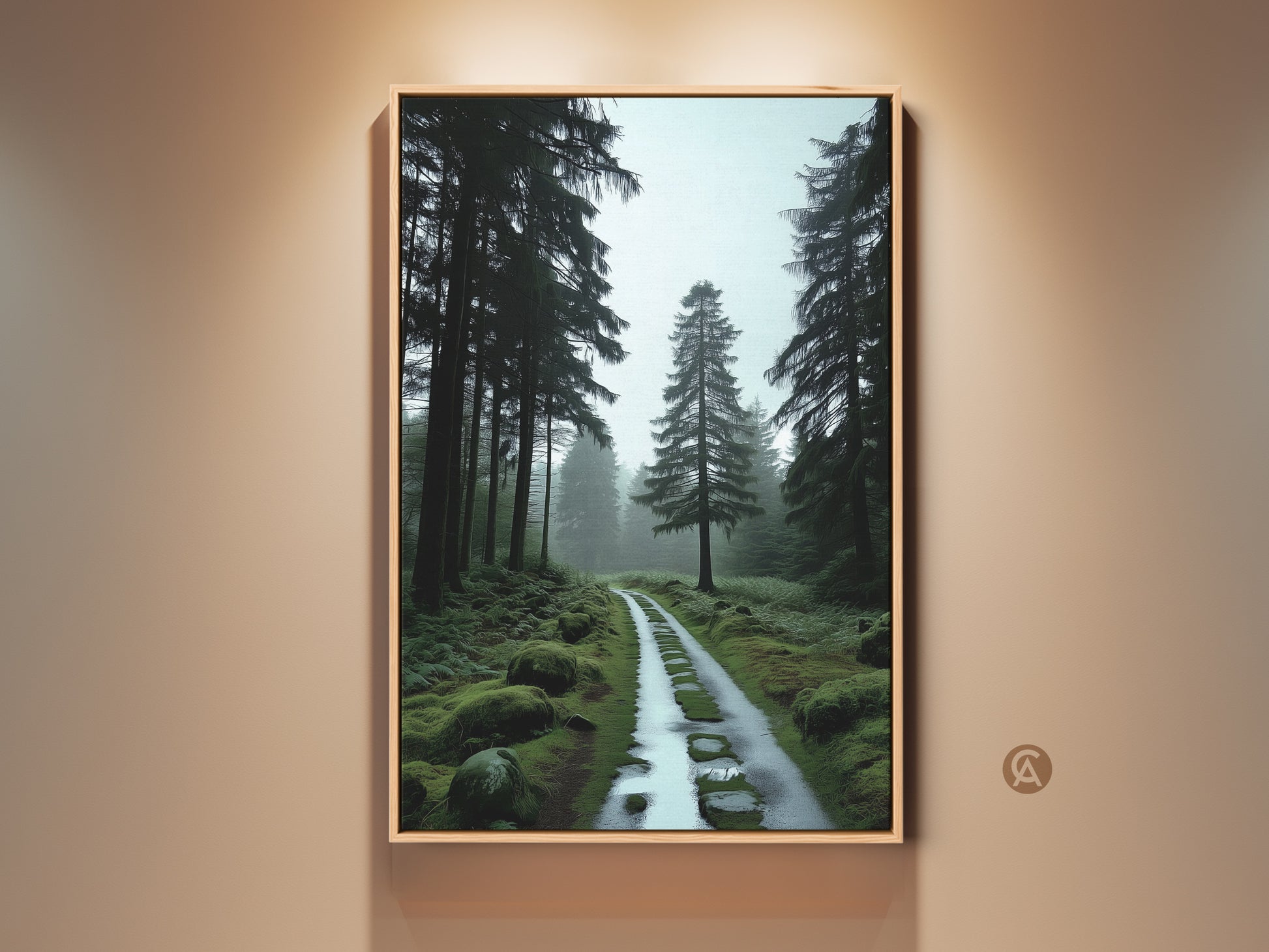 Deep Green Pine Forest Path Canvas Print This rustic bedroom wall art features a misty blue nature landscape. It makes a great housewarming gift for nature lovers. This artwork brings a touch of woodland charm to any space.