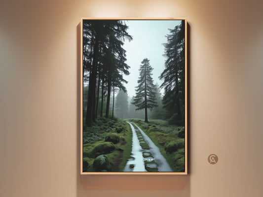 Deep Green Pine Forest Path Canvas Print This rustic bedroom wall art features a misty blue nature landscape. It makes a great housewarming gift for nature lovers. This artwork brings a touch of woodland charm to any space.
