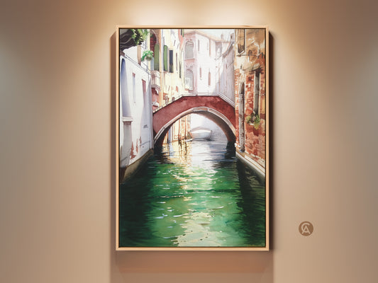 Venice canal watercolor art in a frame. This cityscape features an iconic arch bridge and a tranquil boat. It brings a touch of European travel to your home. This wall art is perfect eclectic decor piece for any room. It is an ideal gift for travel enthusiasts
