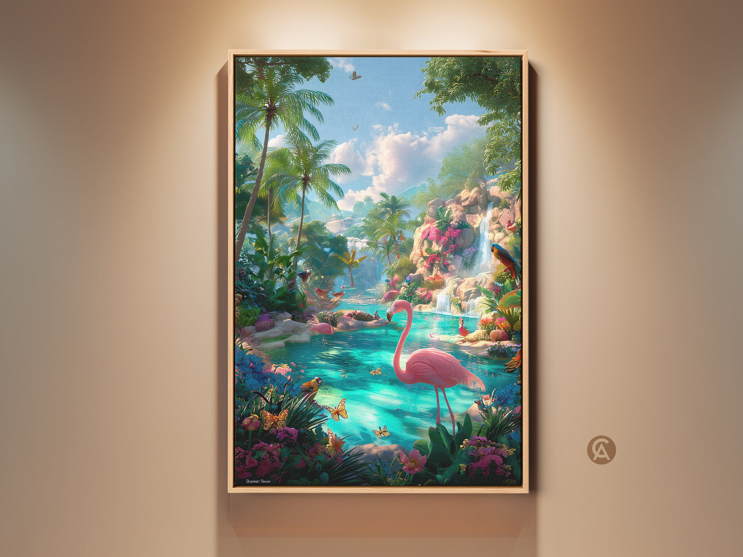 Framed flamingo art print. A tropical lagoon is filled with pink flamingos. Palm trees waterfalls and butterflies add to the serene ambiance. Buy art for nature lovers. This framed artwork enhances any room with its vibrant colors.