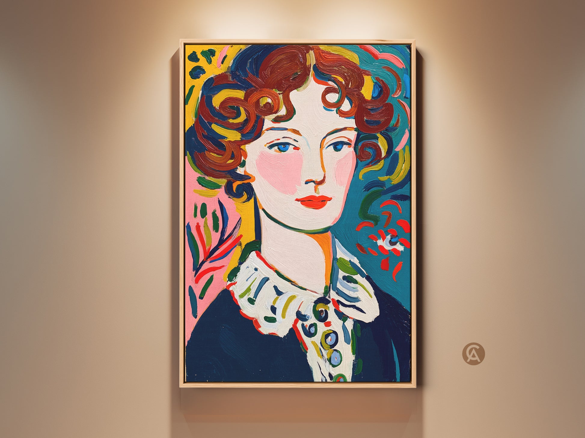 Portrait painting of a woman with curly red hair. This vibrant artwork features a colorful background with pinks yellows and blues. The painting is displayed in a natural wood frame. A striking piece to elevate your wall decor.