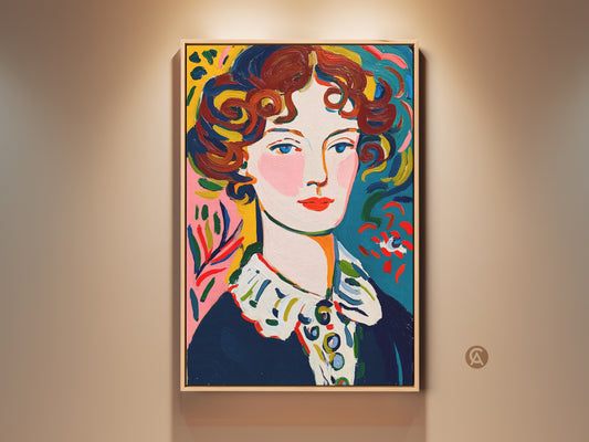 Portrait painting of a woman with curly red hair. This vibrant artwork features a colorful background with pinks yellows and blues. The painting is displayed in a natural wood frame. A striking piece to elevate your wall decor.