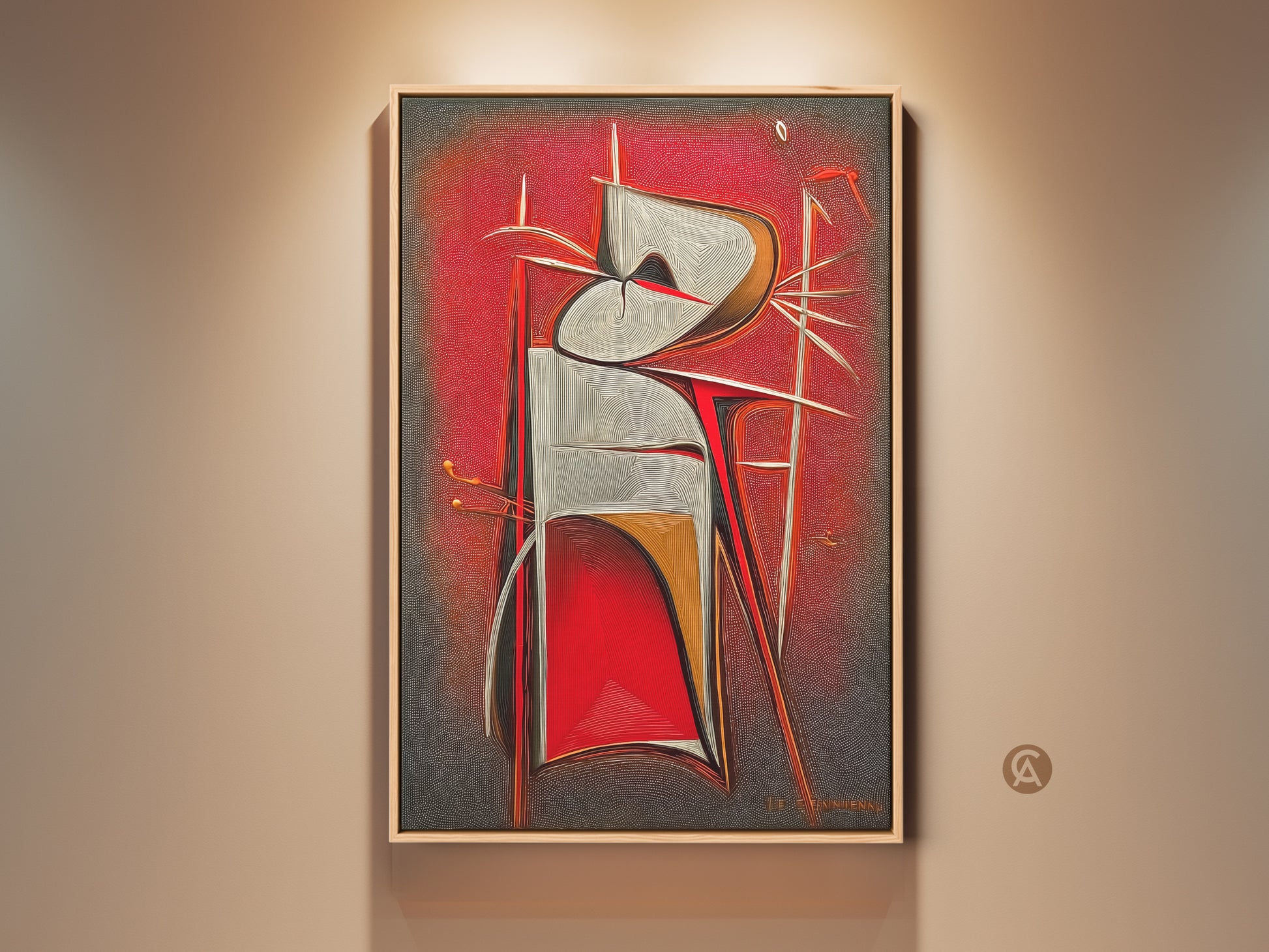 Modern geometric canvas print. This abstract artwork features a surreal figure in red grey and white tones. Contemporary art is ideal for office study or housewarming gift decor. 