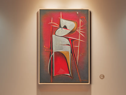 Modern geometric canvas print. This abstract artwork features a surreal figure in red grey and white tones. Contemporary art is ideal for office study or housewarming gift decor. 