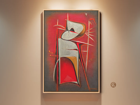 Modern geometric canvas print. This abstract artwork features a surreal figure in red grey and white tones. Contemporary art is ideal for office study or housewarming gift decor. 