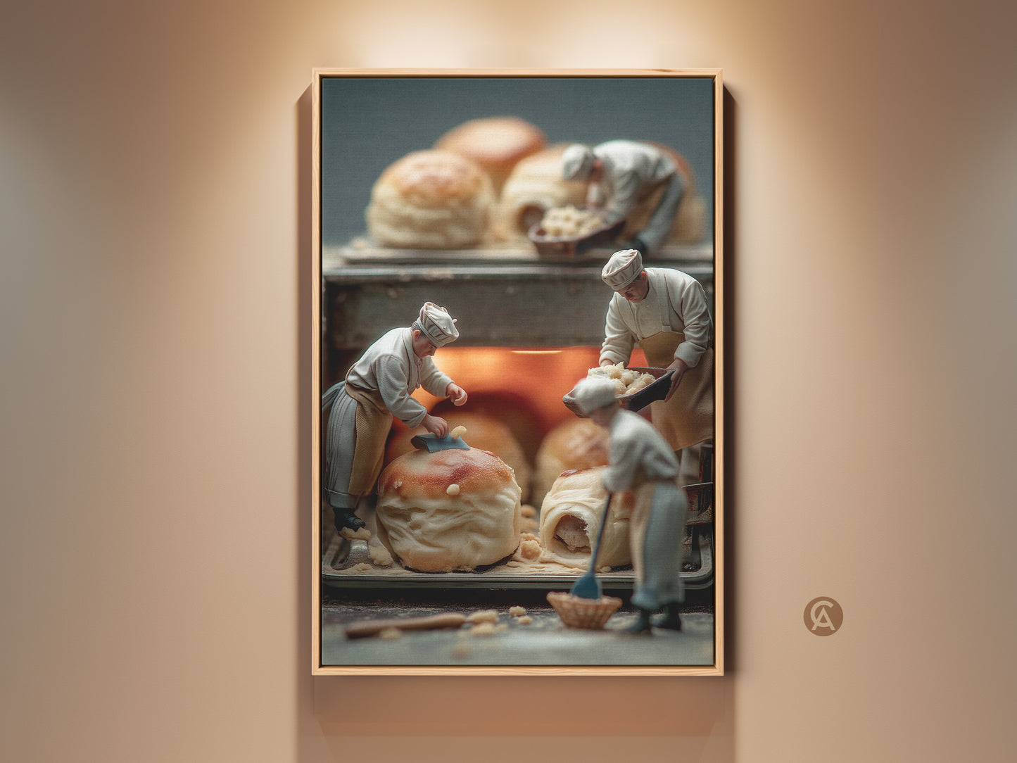 Framed artwork showcasing miniature chefs working on pastries. The art piece features warm tones and soft lighting. It is displayed in a wooden frame on a neutral wall. This is a unique and charming piece. Perfect for kitchen decor or bakery themed spaces.