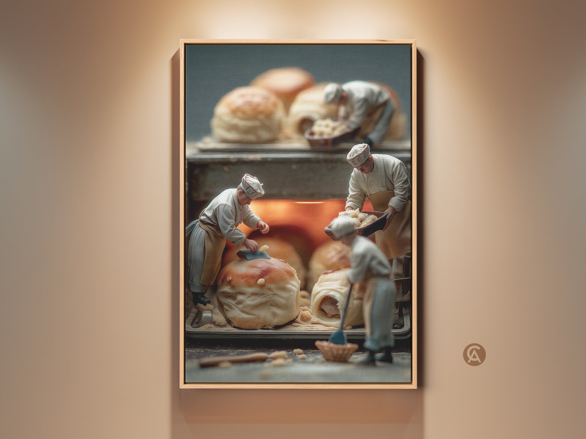 Framed artwork showcasing miniature chefs working on pastries. The art piece features warm tones and soft lighting. It is displayed in a wooden frame on a neutral wall. This is a unique and charming piece. Perfect for kitchen decor or bakery themed spaces.