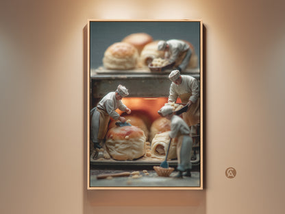 Framed artwork showcasing miniature chefs working on pastries. The art piece features warm tones and soft lighting. It is displayed in a wooden frame on a neutral wall. This is a unique and charming piece. Perfect for kitchen decor or bakery themed spaces.