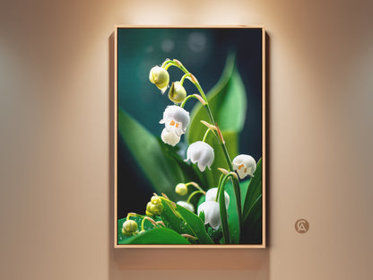 Macro Lily of the Valley art print in a frame. Realistic dewdrop botanical art enhances residential wall decor. Scandinavian white and green wall decor brings a fresh spring floral essence. It's an ideal springtime home gift for plant and nature lovers.