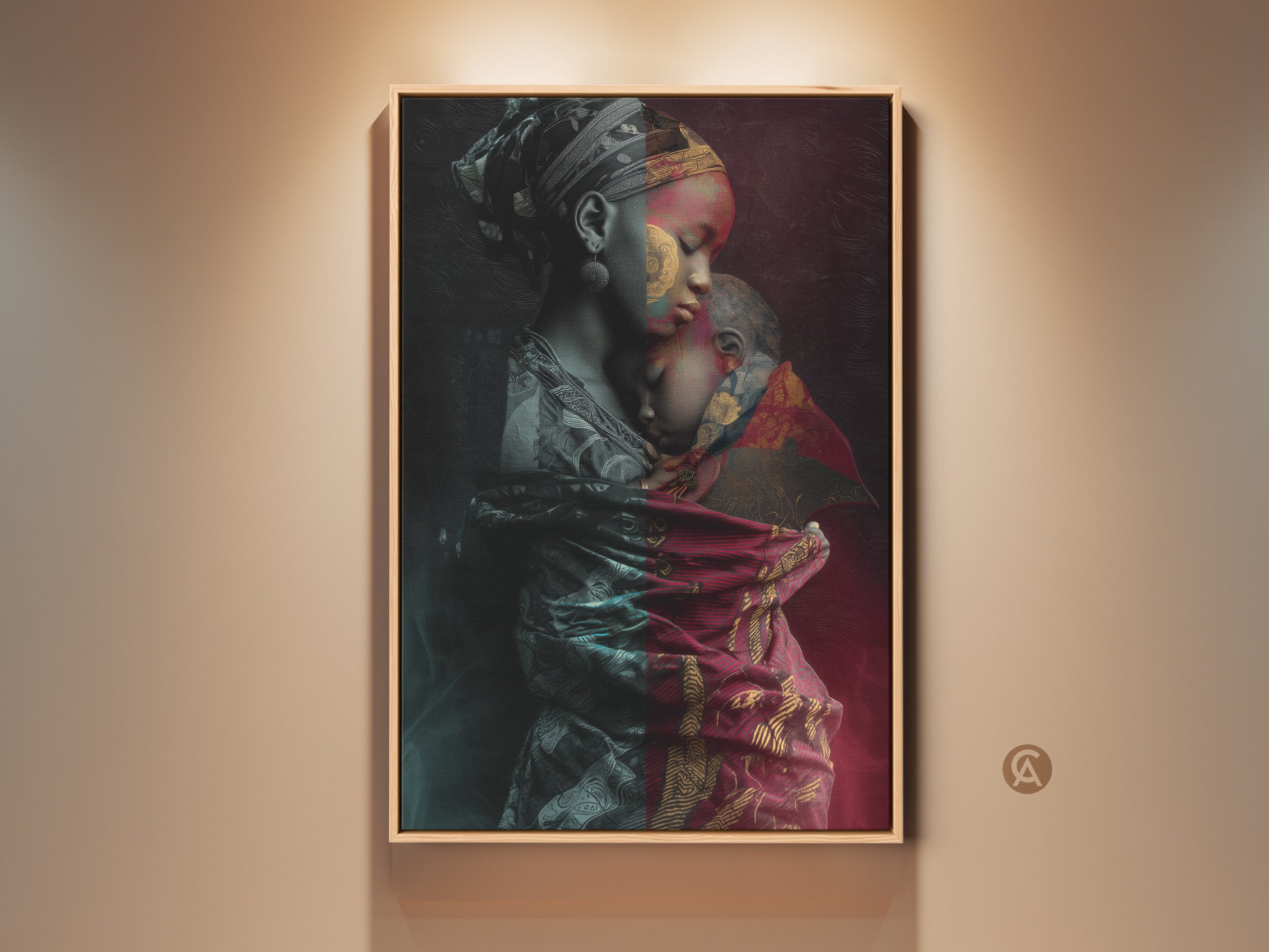 Experience the warmth of motherhood with this tribal fusion canvas print. An African mother lovingly embraces her child. Rich red gold teal tones enhance this contemporary family artwork. Perfect eclectic wall art for a unique home decor statement. A cultural celebration of the mother daughter bond.