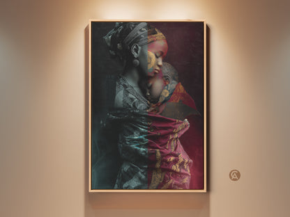 Experience the warmth of motherhood with this tribal fusion canvas print. An African mother lovingly embraces her child. Rich red gold teal tones enhance this contemporary family artwork. Perfect eclectic wall art for a unique home decor statement. A cultural celebration of the mother daughter bond.