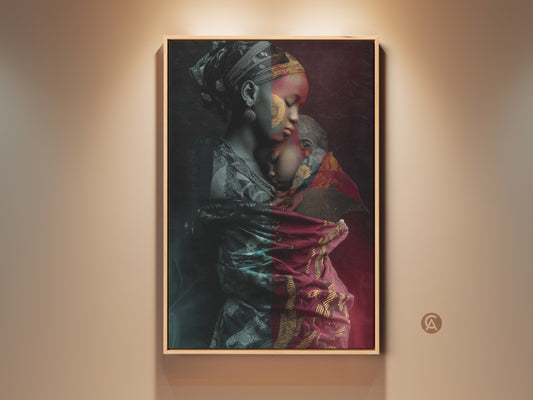 Experience the warmth of motherhood with this tribal fusion canvas print. An African mother lovingly embraces her child. Rich red gold teal tones enhance this contemporary family artwork. Perfect eclectic wall art for a unique home decor statement. A cultural celebration of the mother daughter bond.