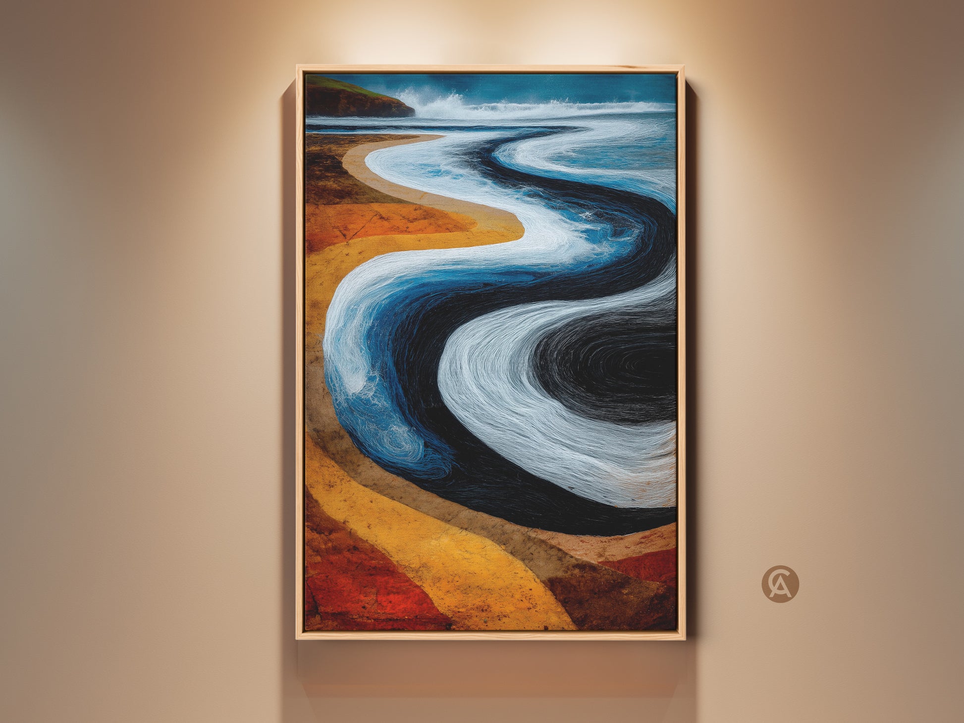 Framed Abstract Beach Canvas Artwork. Coastal wave print in blue and orange shades. This boho landscape wall decor is perfect for a bedroom. Ready to hang and enjoy this housewarming gift.